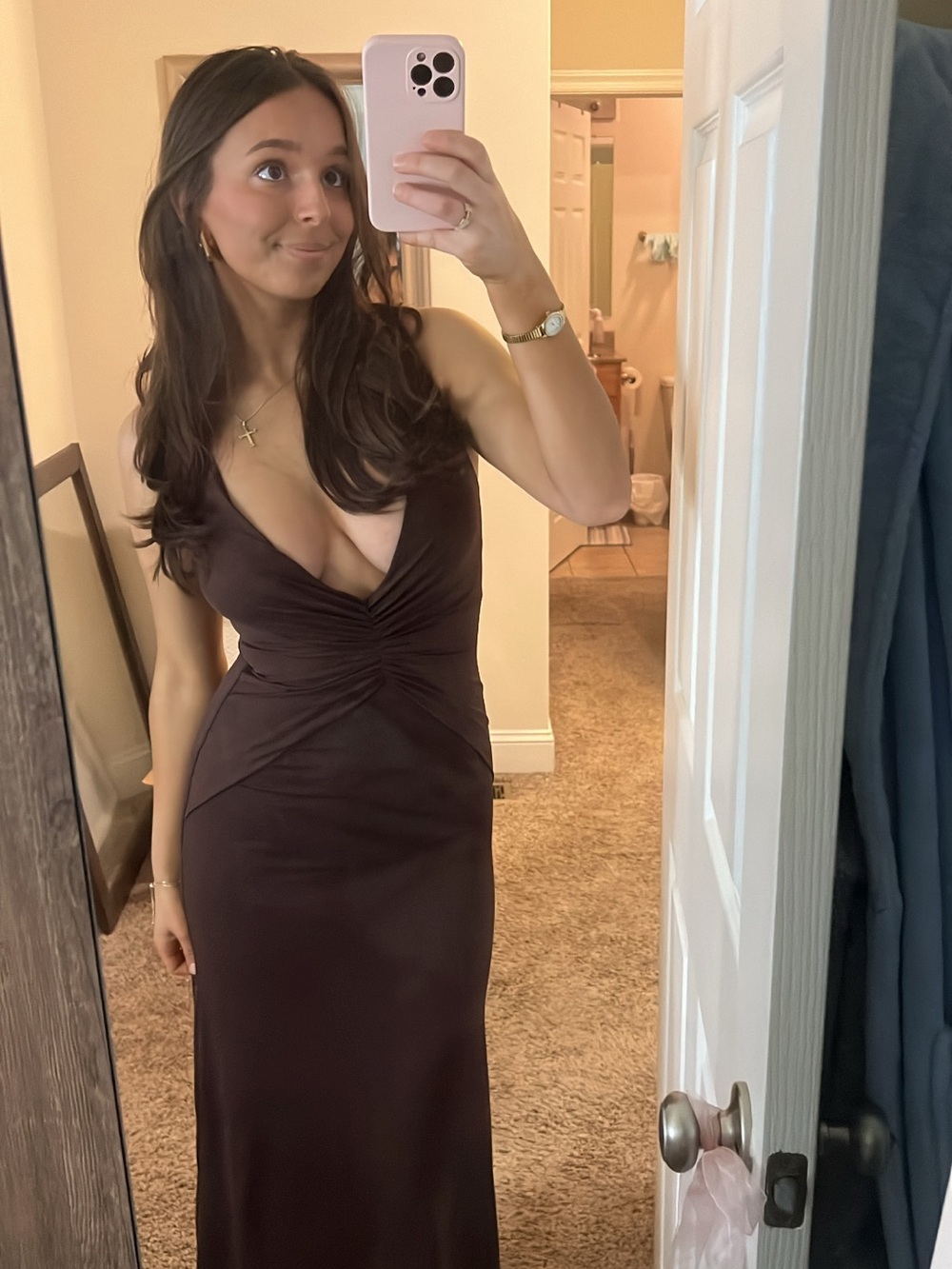 Princess Polly Deep Brown V-Neck Ruched Maxi Dress